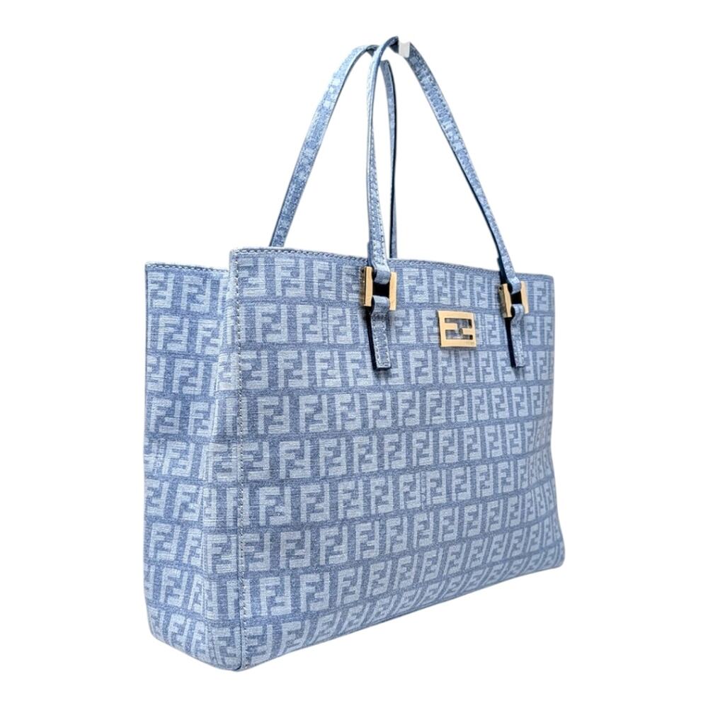 Fendi Zucchino FF Monogram Tote Handbag Light Blue Silver Hardware - Picture 2 of 12